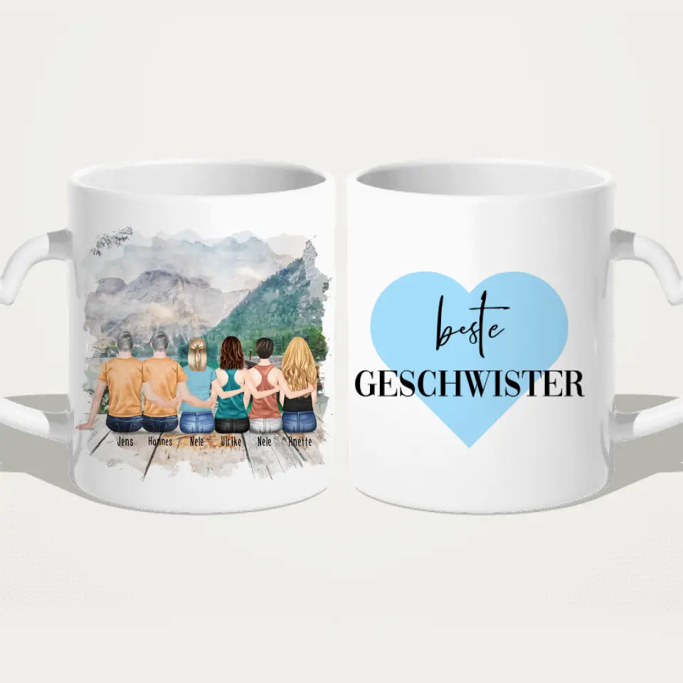 Personalisierte Tasse mit Bruder/Schwester (4 Schwestern + 2 Brüder)