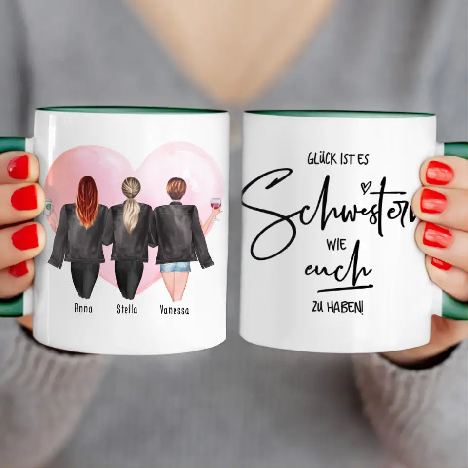 Personalisierte Tasse - Beste Schwestern mit Jacken (3 Schwestern)