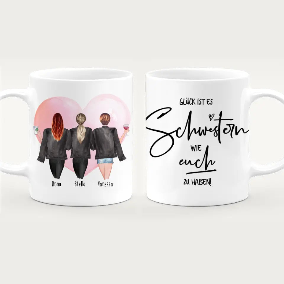 Personalisierte Tasse - Beste Schwestern mit Jacken (3 Schwestern)