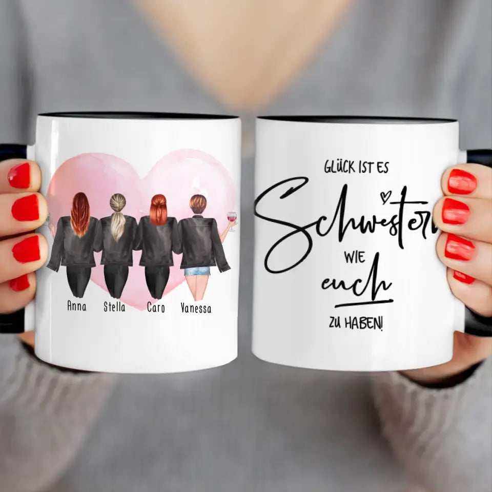 Personalisierte Tasse - Beste Schwestern mit Jacken (4 Schwestern)