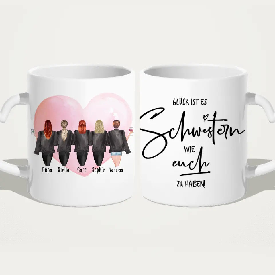 Personalisierte Tasse - Beste Schwestern mit Jacken (5 Schwestern)