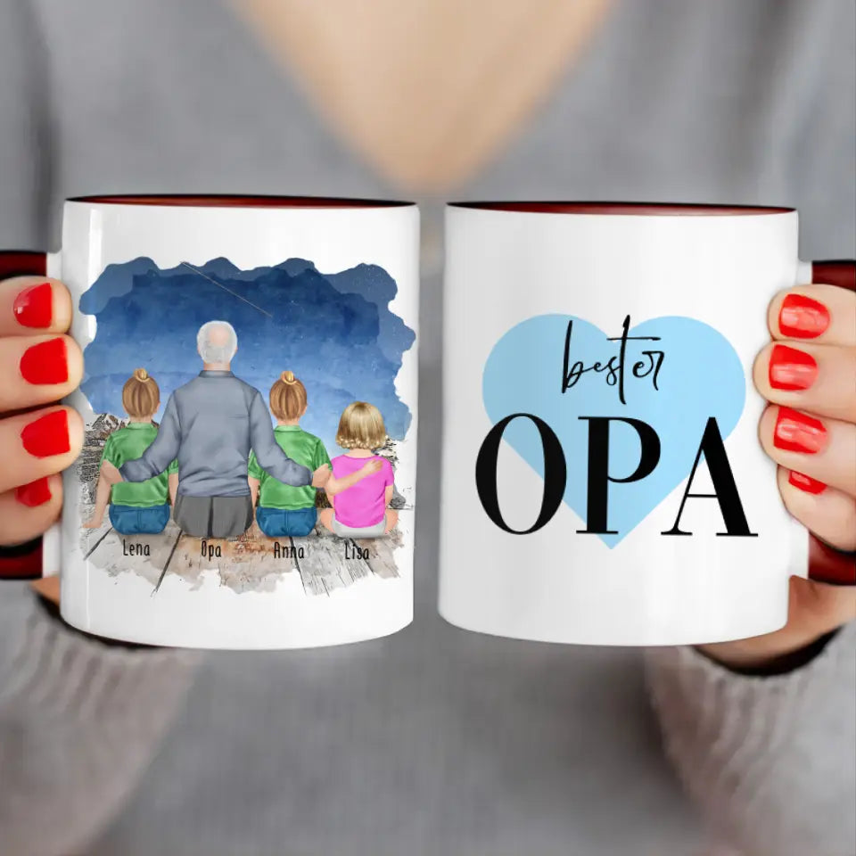 Personalisierte Tasse für Opa (2 Kinder + 1 Baby + 1 Opa)