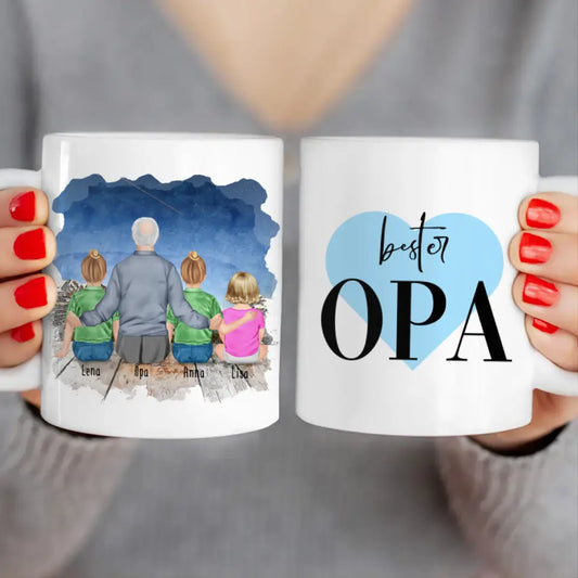 Personalisierte Tasse für Opa (2 Kinder + 1 Baby + 1 Opa)