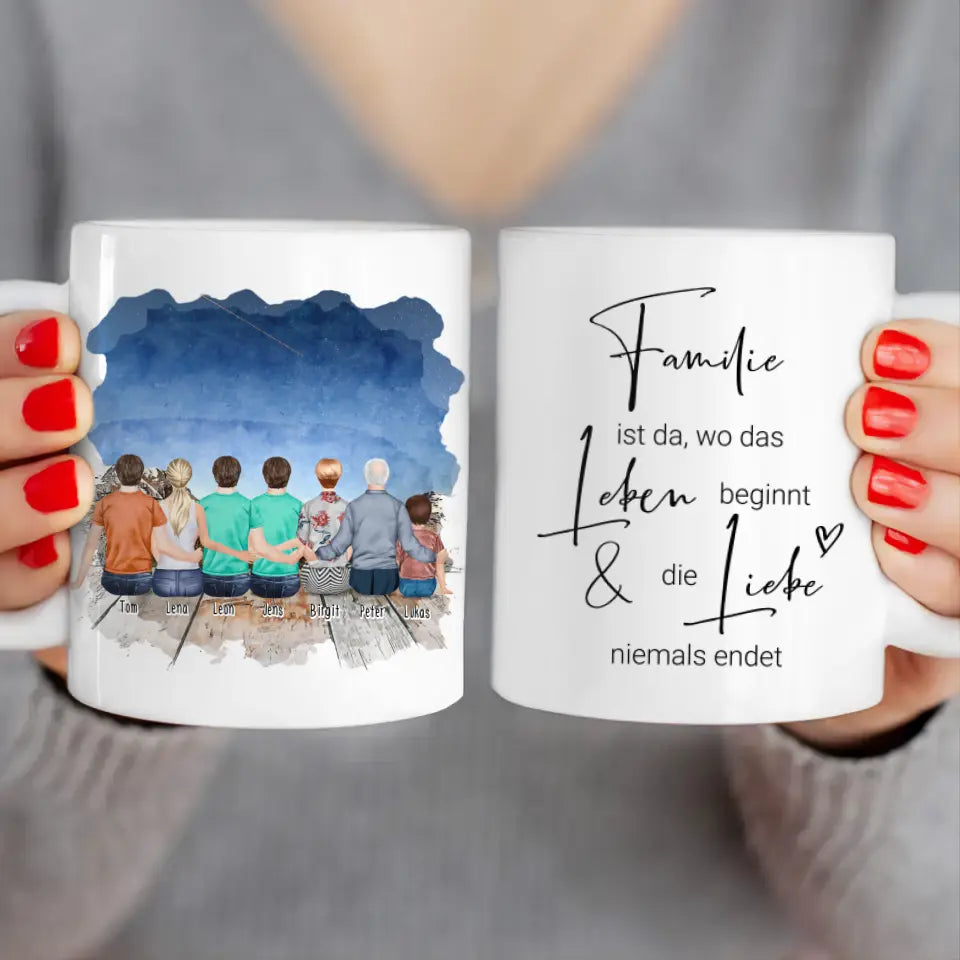 Personalisierte Tasse - 1 Frau + 3 Männer + 1 Oma + 1 Opa + 1 Kind