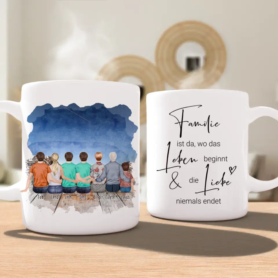 Personalisierte Tasse - 1 Frau + 3 Männer + 1 Oma + 1 Opa + 1 Kind