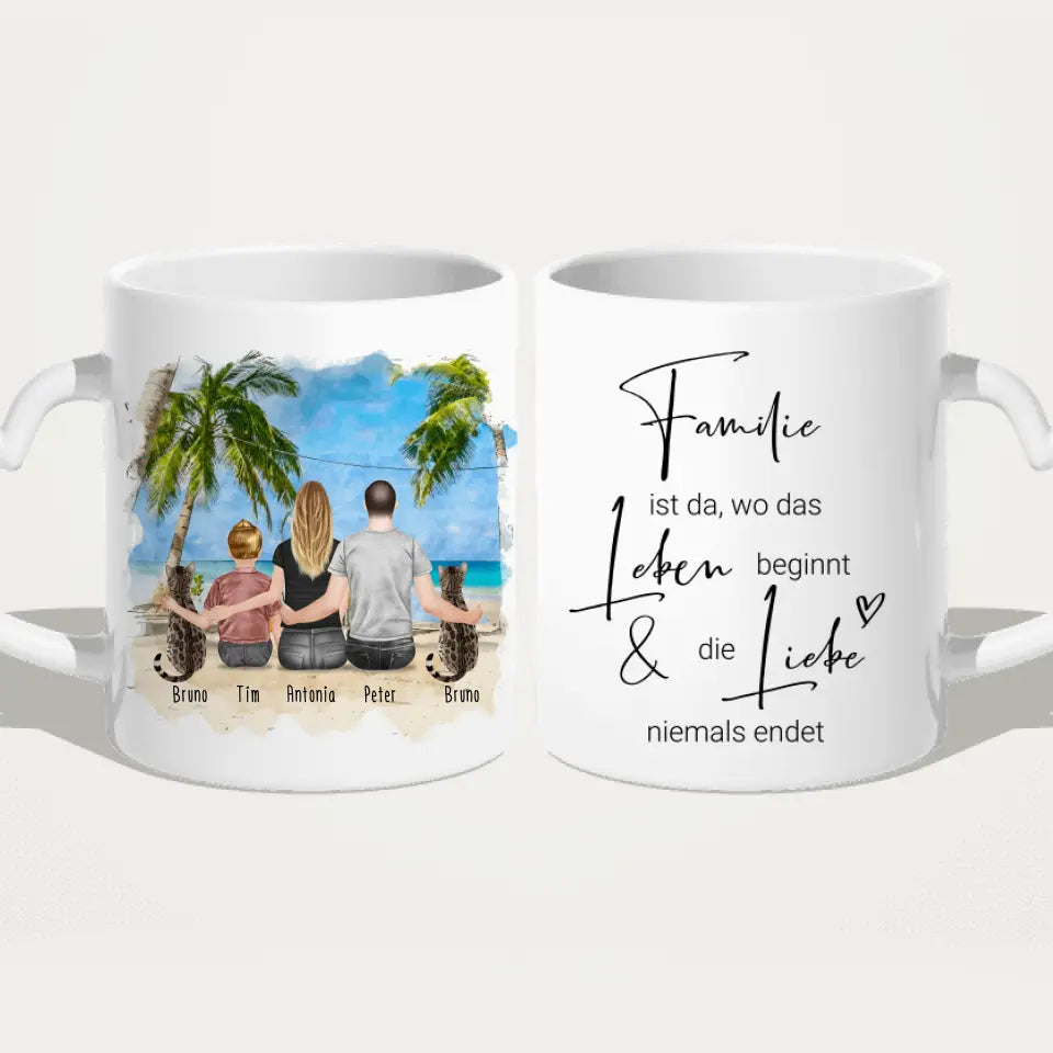 Personalisierte Tasse mit Familie + 2 Katzen (1 Kind)