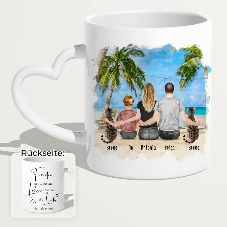 Personalisierte Tasse mit Familie + 2 Katzen (1 Kind)