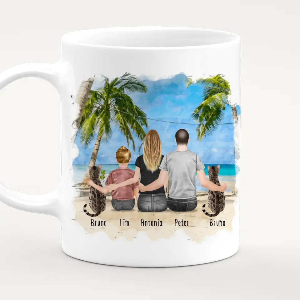 Personalisierte Tasse mit Familie + 2 Katzen (1 Kind)