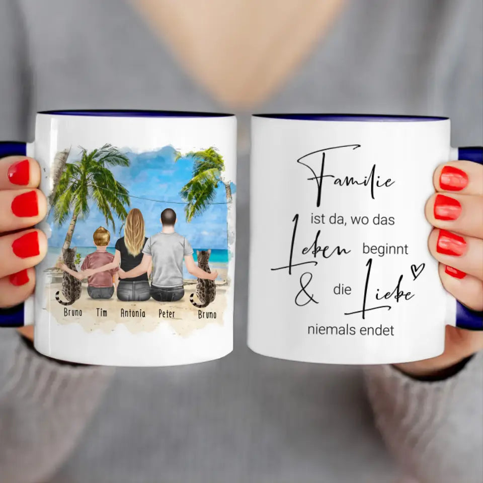 Personalisierte Tasse mit Familie + 2 Katzen (1 Kind)