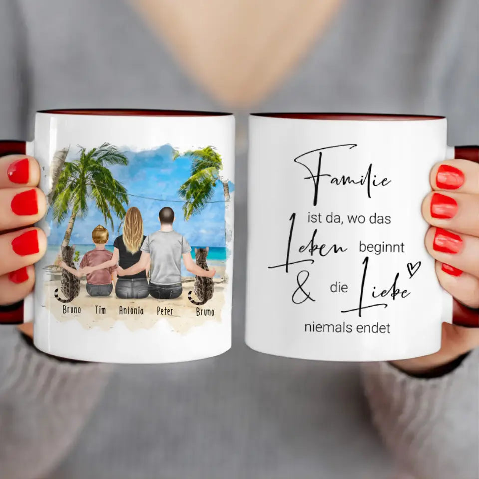 Personalisierte Tasse mit Familie + 2 Katzen (1 Kind)