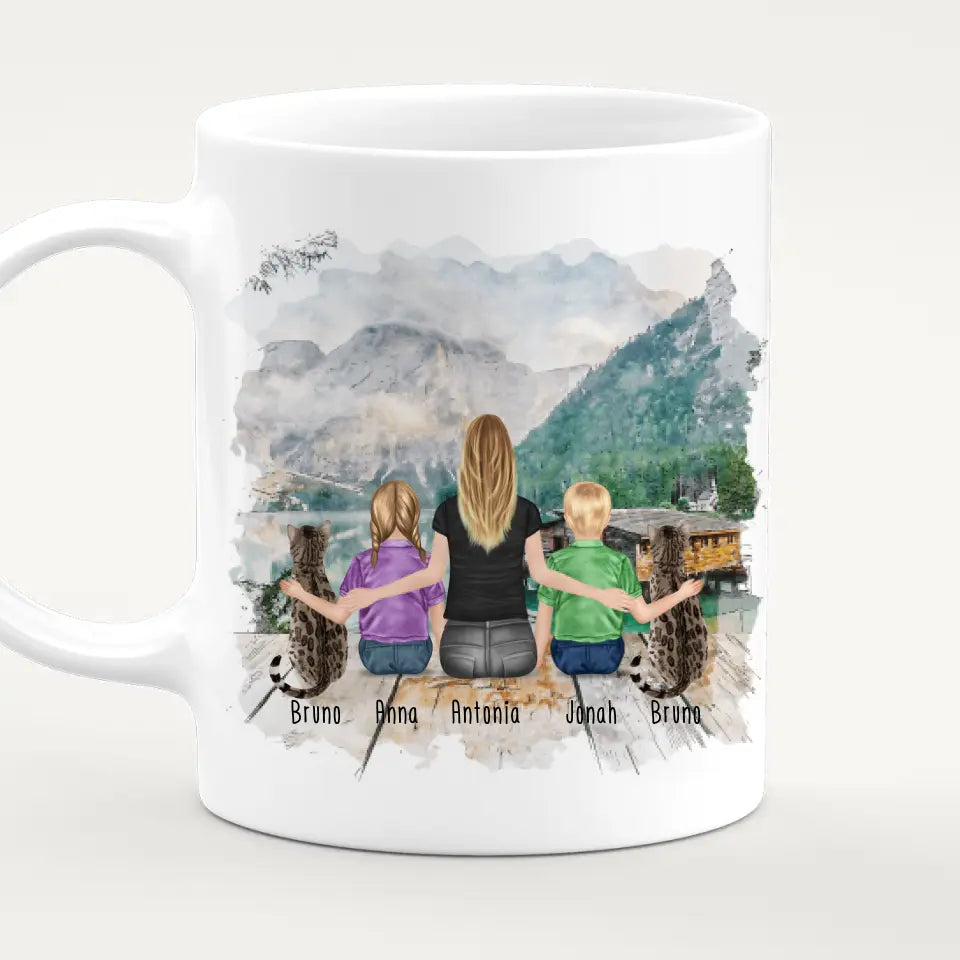 Personalisierte Tasse 1 Frau/Mama + 2 Kinder + 2 Katzen