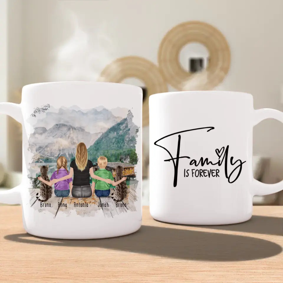 Personalisierte Tasse 1 Frau/Mama + 2 Kinder + 2 Katzen