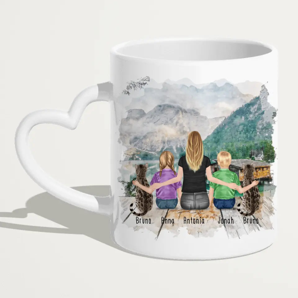 Personalisierte Tasse 1 Frau/Mama + 2 Kinder + 2 Katzen