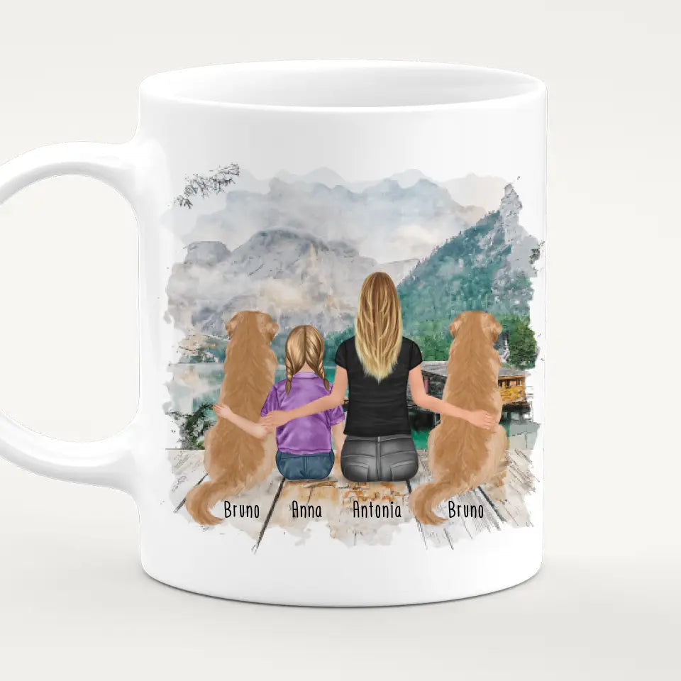 Personalisierte Tasse 1 Frau + 1 Kind + 2 Hunde