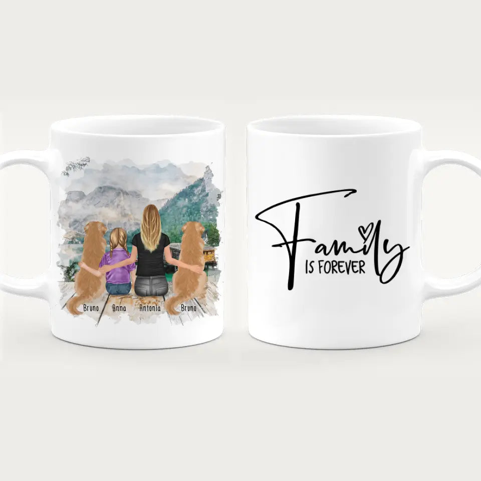 Personalisierte Tasse 1 Frau + 1 Kind + 2 Hunde