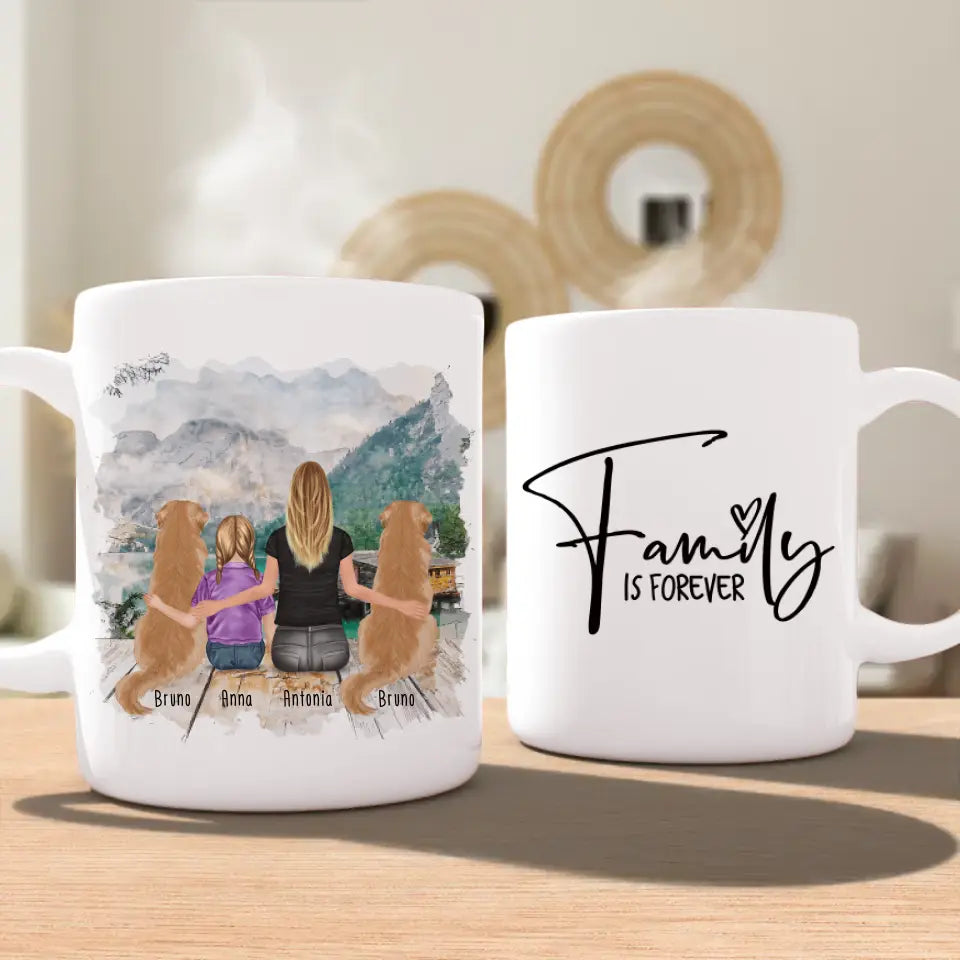 Personalisierte Tasse 1 Frau + 1 Kind + 2 Hunde