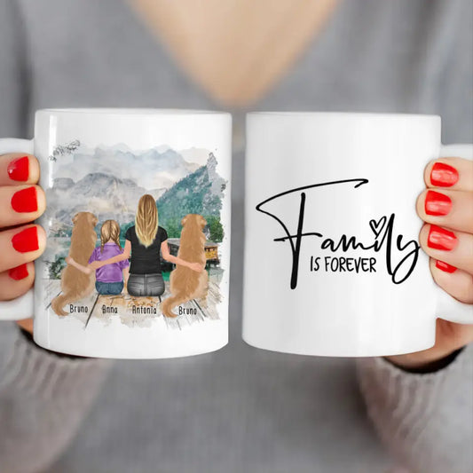 Personalisierte Tasse 1 Frau + 1 Kind + 2 Hunde