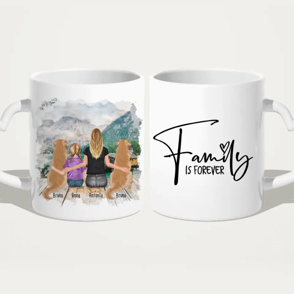 Personalisierte Tasse 1 Frau + 1 Kind + 2 Hunde