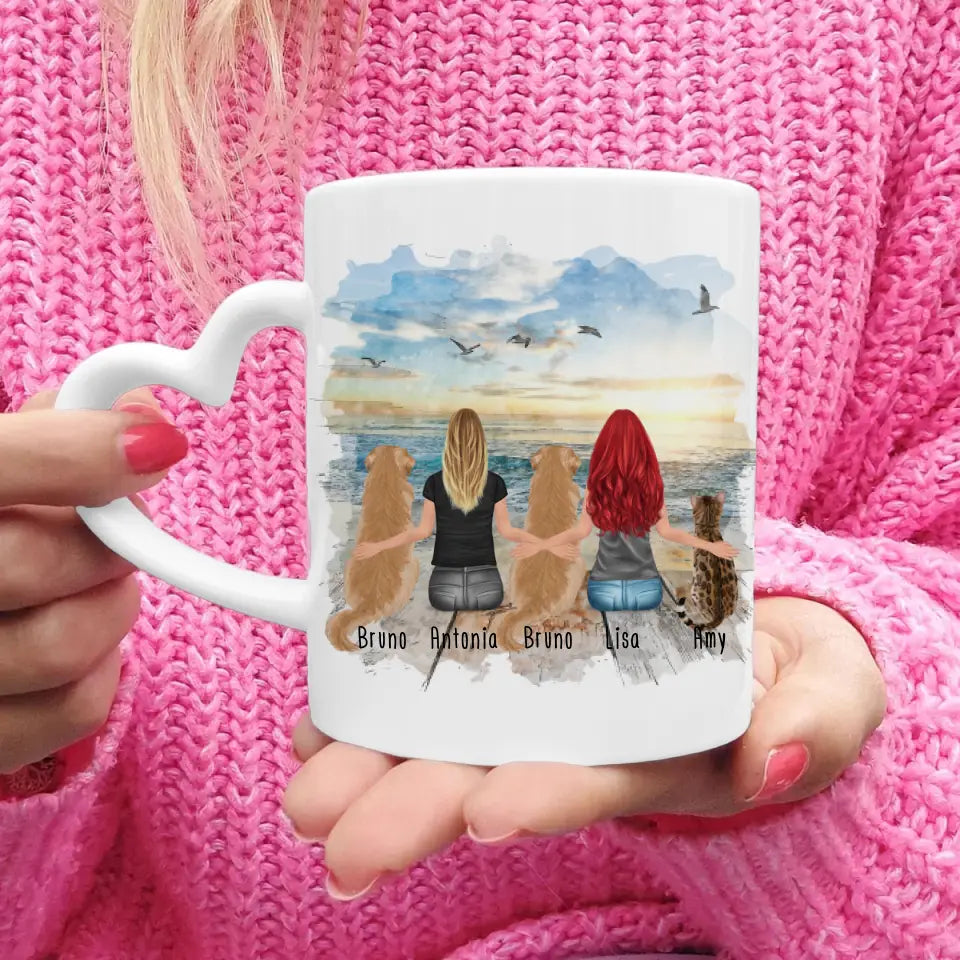 Personalisierte Tasse 2 Frauen + 2 Hunde + 1 Katze