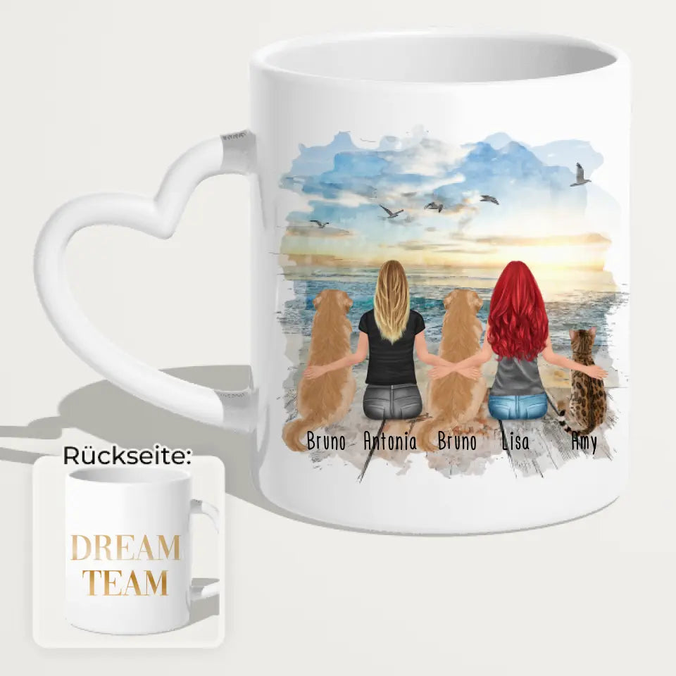 Personalisierte Tasse 2 Frauen + 2 Hunde + 1 Katze