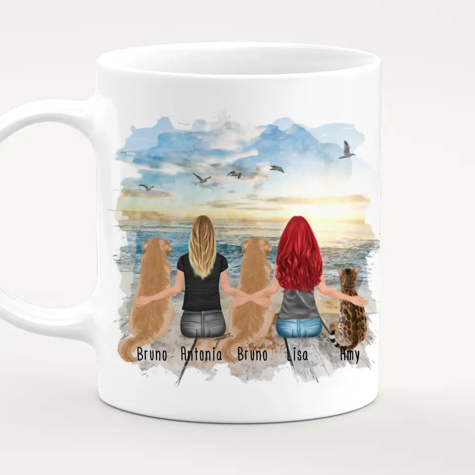 Personalisierte Tasse 2 Frauen + 2 Hunde + 1 Katze