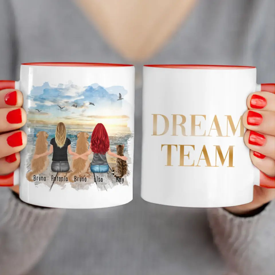 Personalisierte Tasse 2 Frauen + 2 Hunde + 1 Katze