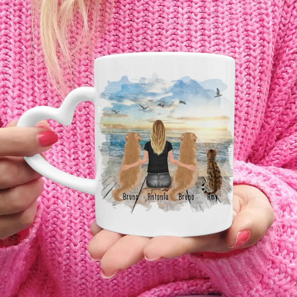 Personalisierte Tasse 1 Frau + 2 Hunde + 1 Katze