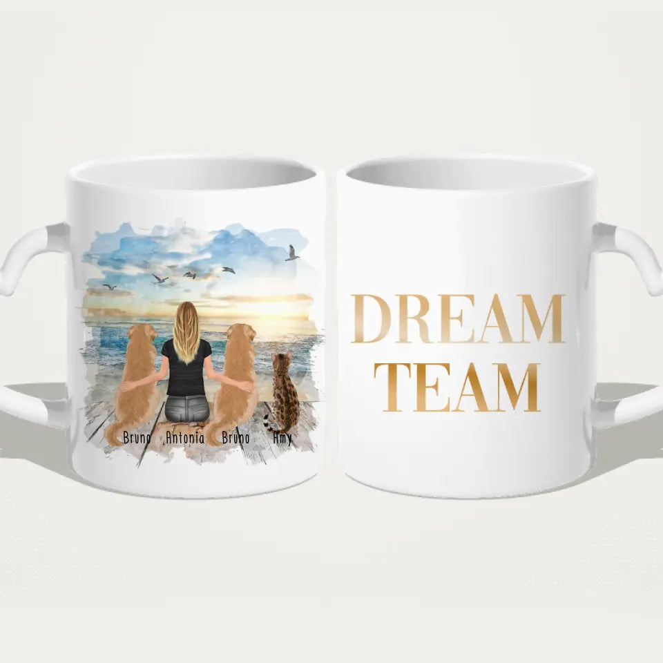 Personalisierte Tasse 1 Frau + 2 Hunde + 1 Katze