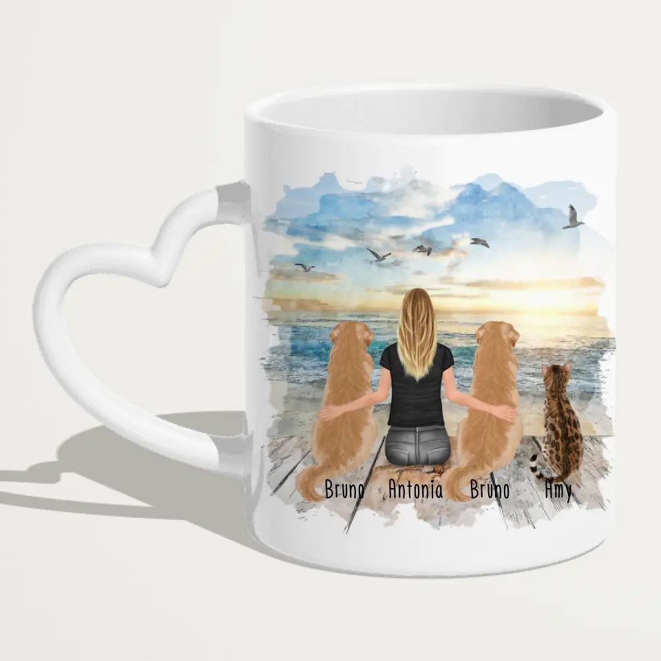 Personalisierte Tasse 1 Frau + 2 Hunde + 1 Katze