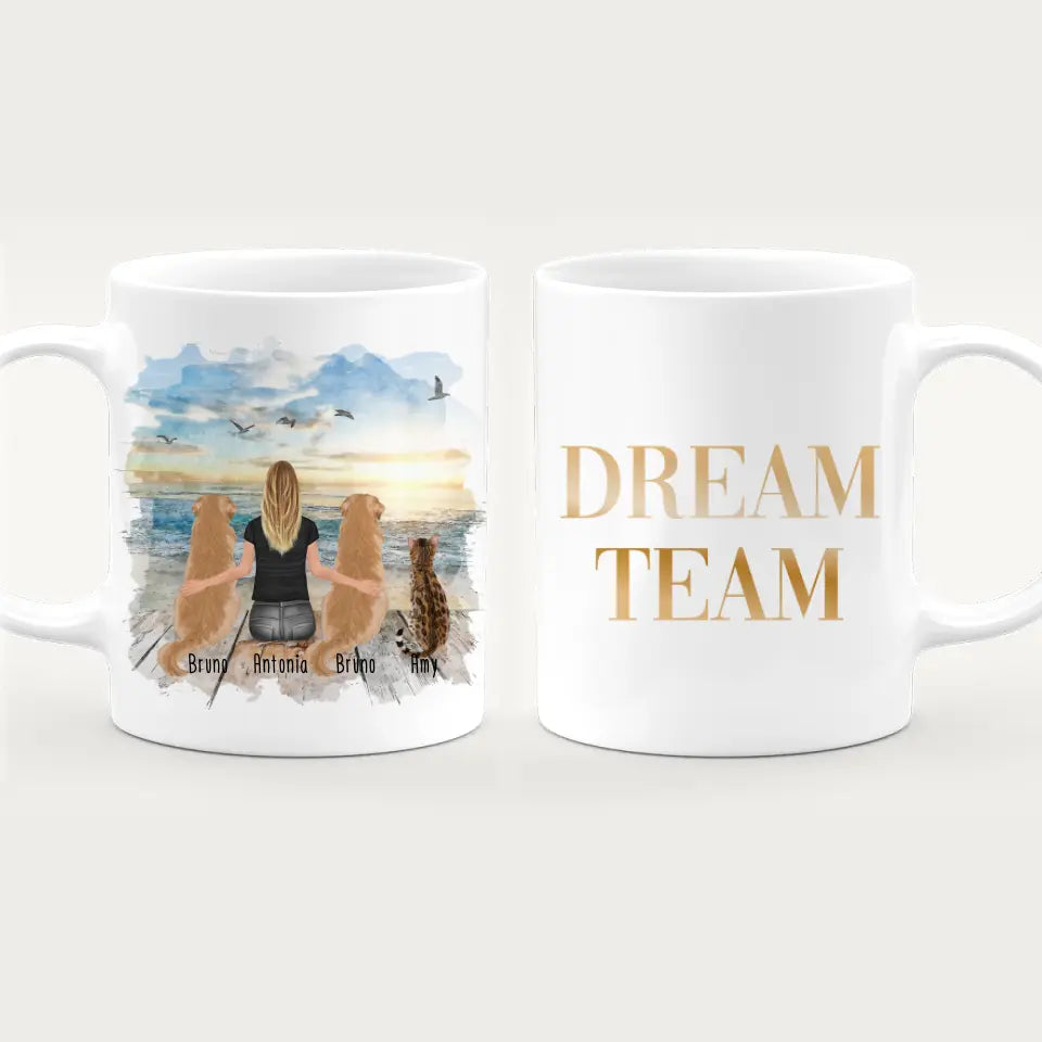 Personalisierte Tasse 1 Frau + 2 Hunde + 1 Katze