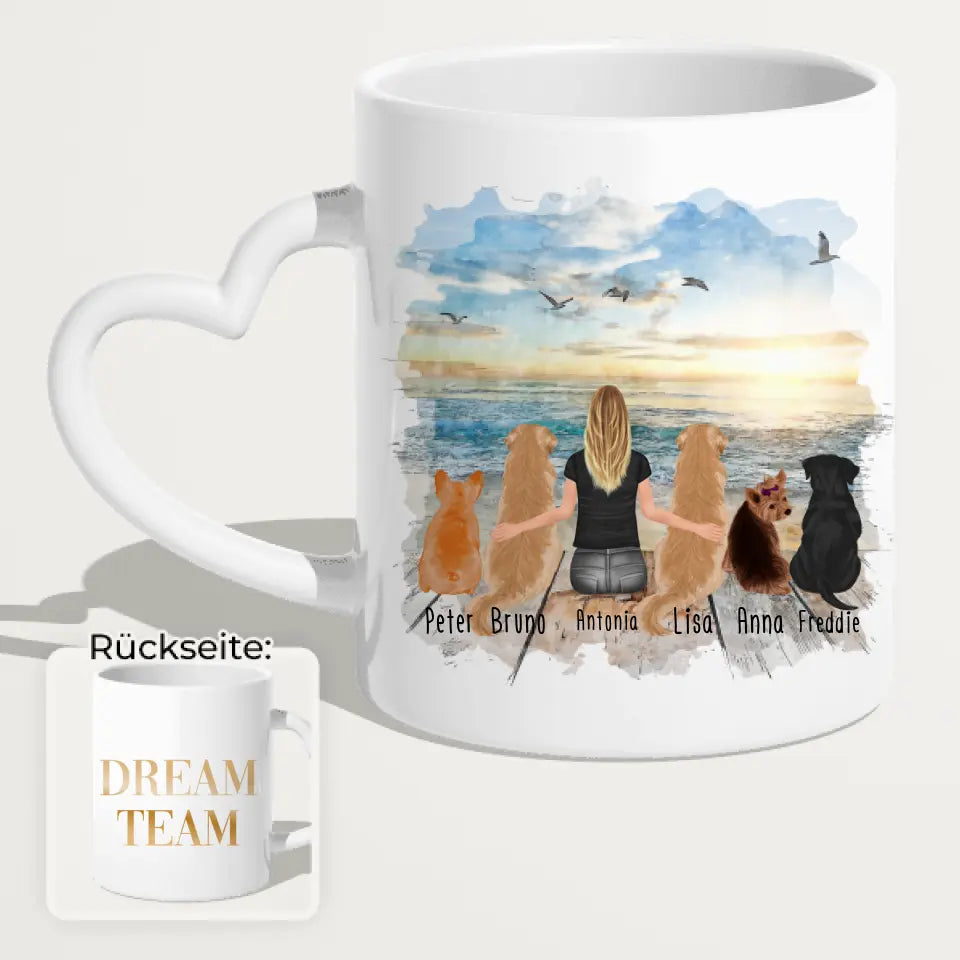 Personalisierte Tasse 1 Frau + 5 Hunde