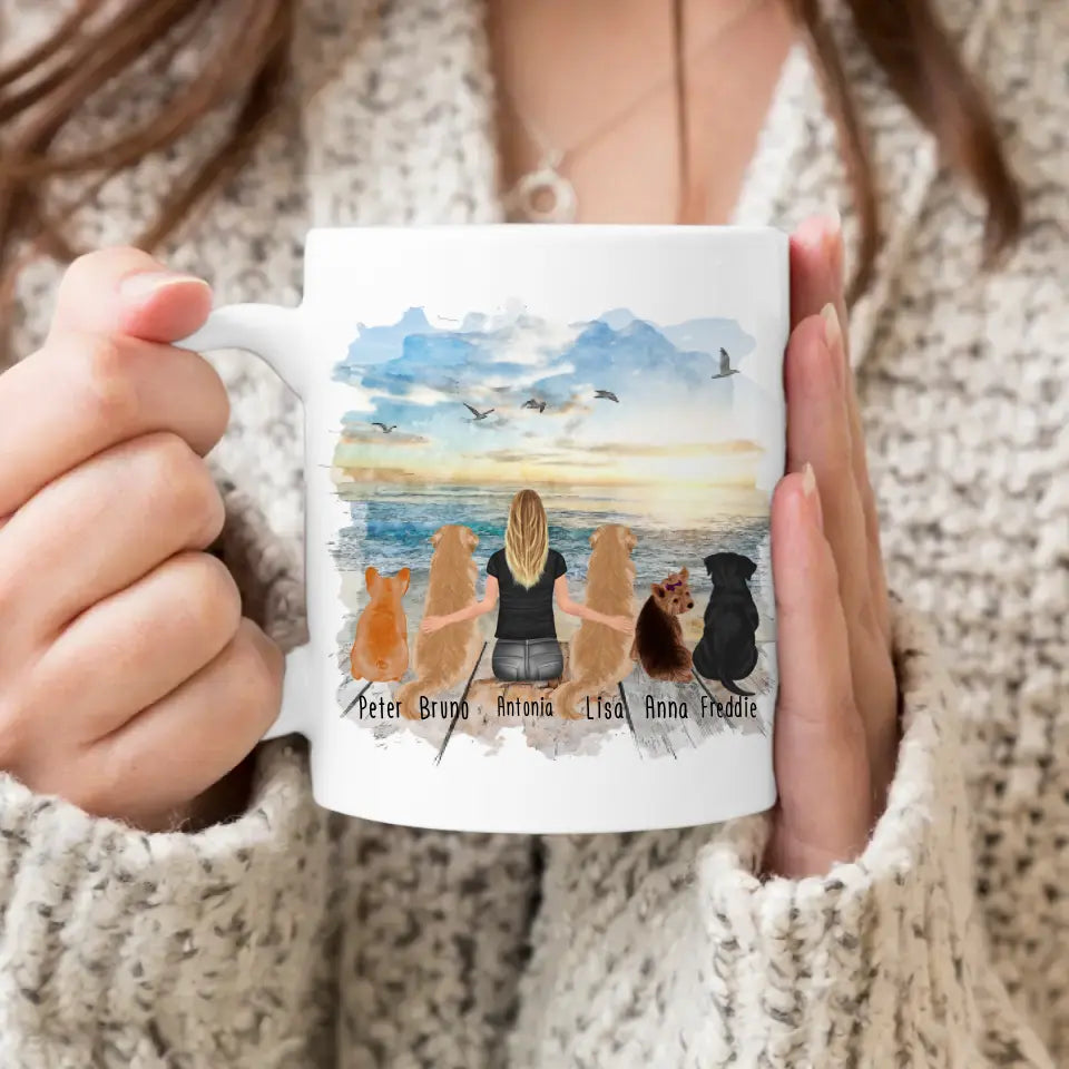 Personalisierte Tasse 1 Frau + 5 Hunde