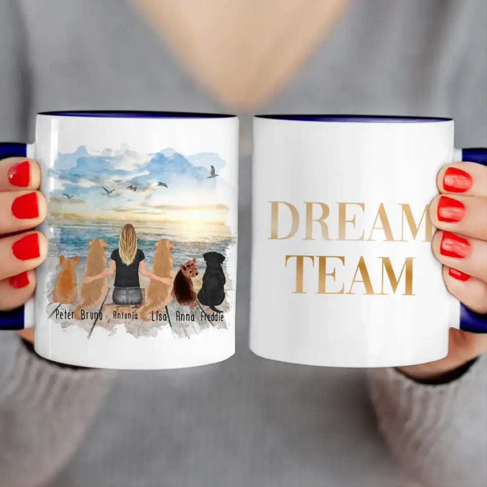 Personalisierte Tasse 1 Frau + 5 Hunde