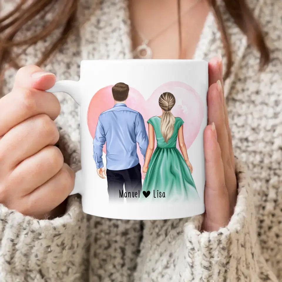 Personalisierte Tasse mit Paar (stehend) - Hemd und Kleid - Pärchen Tasse