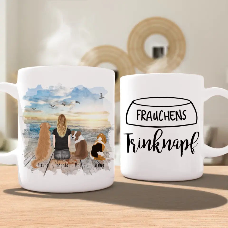 Personalisierte Tasse 1 Frau + 3 Hunde