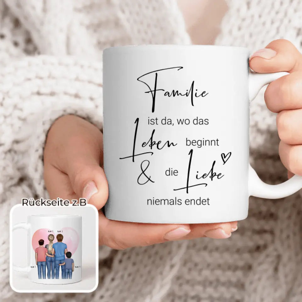 Personalisierte Tasse - Familie + 2 Babys/Kinder/Teenager stehend