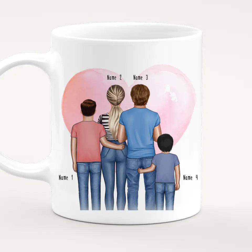 Personalisierte Tasse - Familie + 2 Babys/Kinder/Teenager stehend