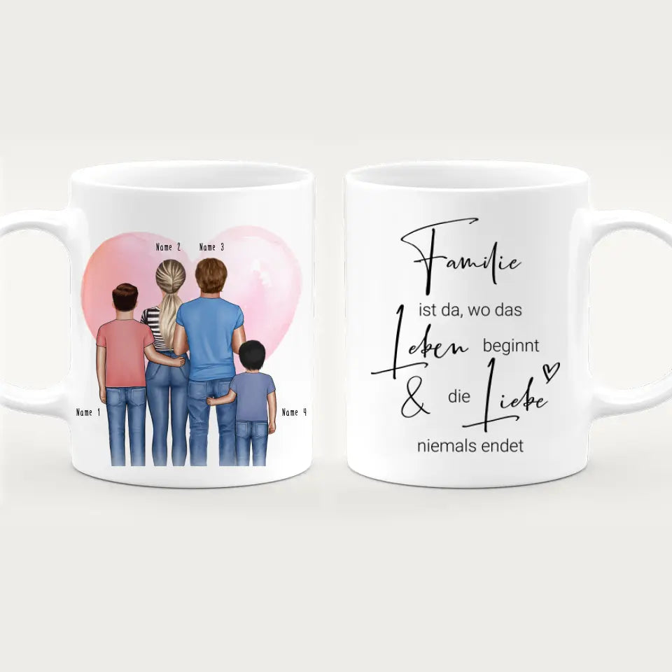 Personalisierte Tasse - Familie + 2 Babys/Kinder/Teenager stehend