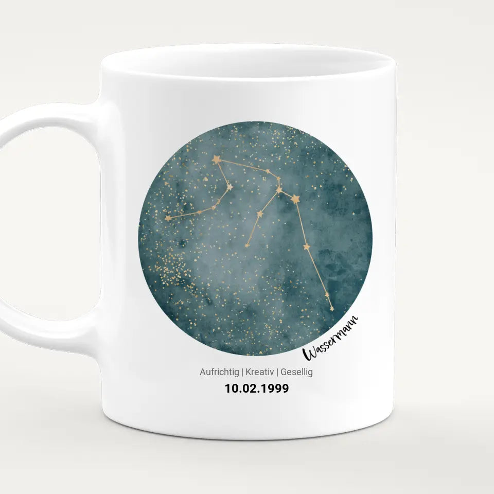 Personalisierte Sternzeichen Tasse mit Name und Datum