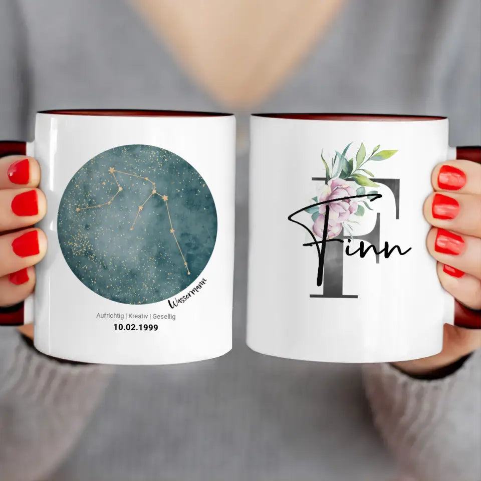 Personalisierte Sternzeichen Tasse mit Name und Datum