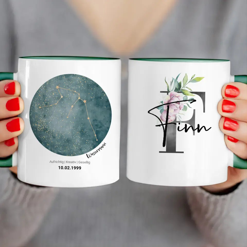 Personalisierte Sternzeichen Tasse mit Name und Datum