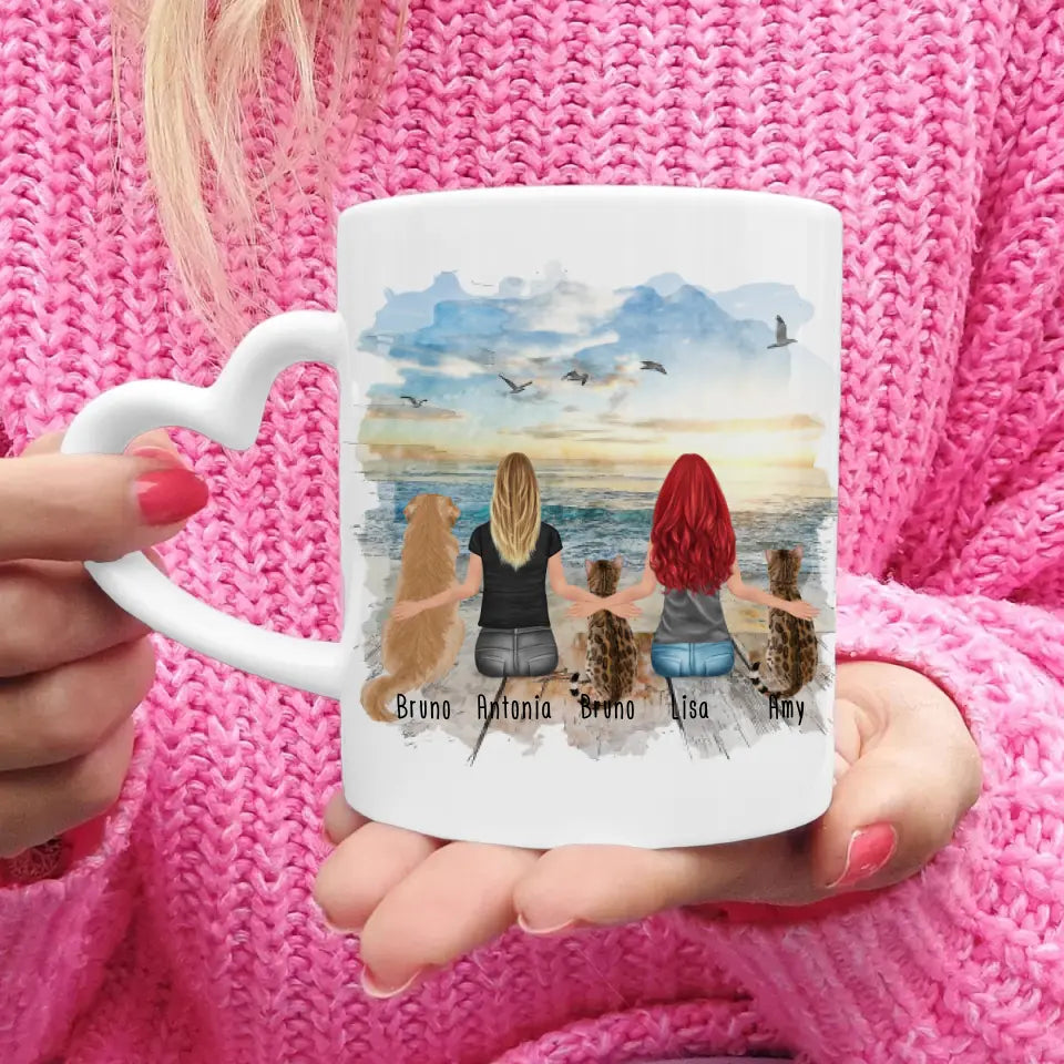 Personalisierte Tasse 2 Frauen + 1 Hund + 2 Katzen