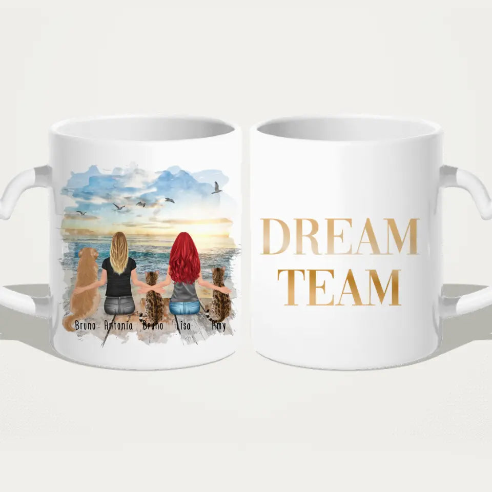 Personalisierte Tasse 2 Frauen + 1 Hund + 2 Katzen