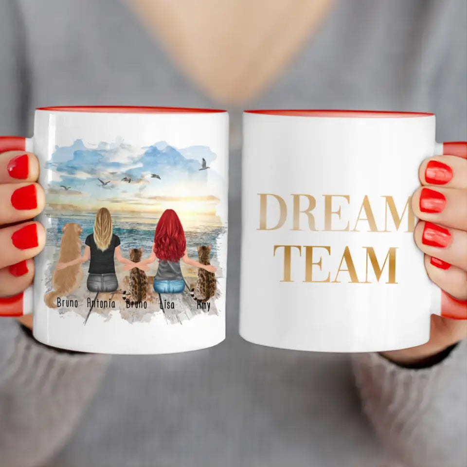 Personalisierte Tasse 2 Frauen + 1 Hund + 2 Katzen