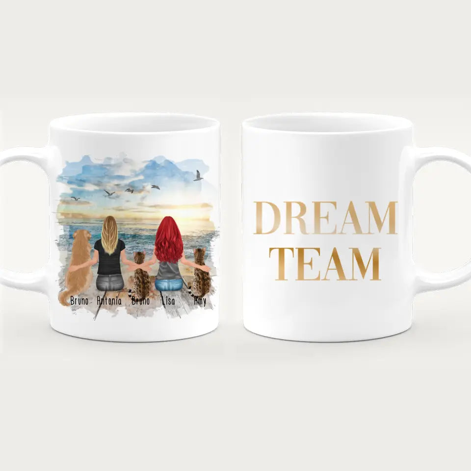 Personalisierte Tasse 2 Frauen + 1 Hund + 2 Katzen