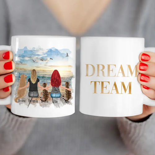 Personalisierte Tasse 2 Frauen + 1 Hund + 2 Katzen