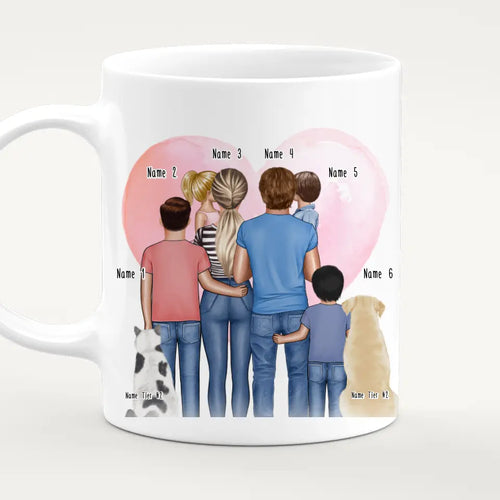 Personalisierte Tasse - Familie + 1-4 Kinder + 1-2 Hunde/Katzen