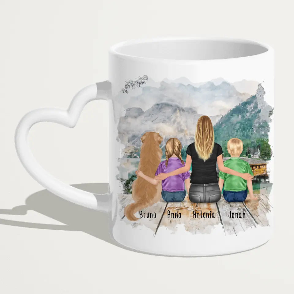 Personalisierte Tasse mit 1 Frau + 2 Kindern + 1 Hund