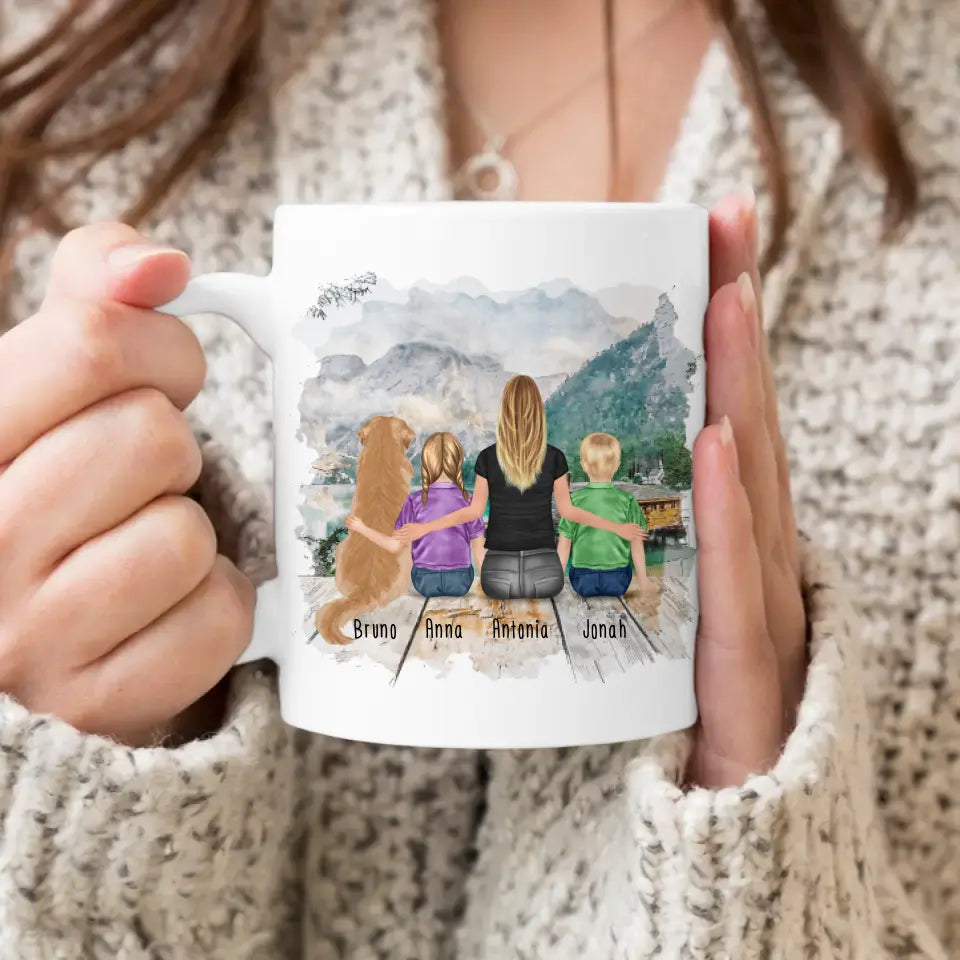 Personalisierte Tasse mit 1 Frau + 2 Kindern + 1 Hund