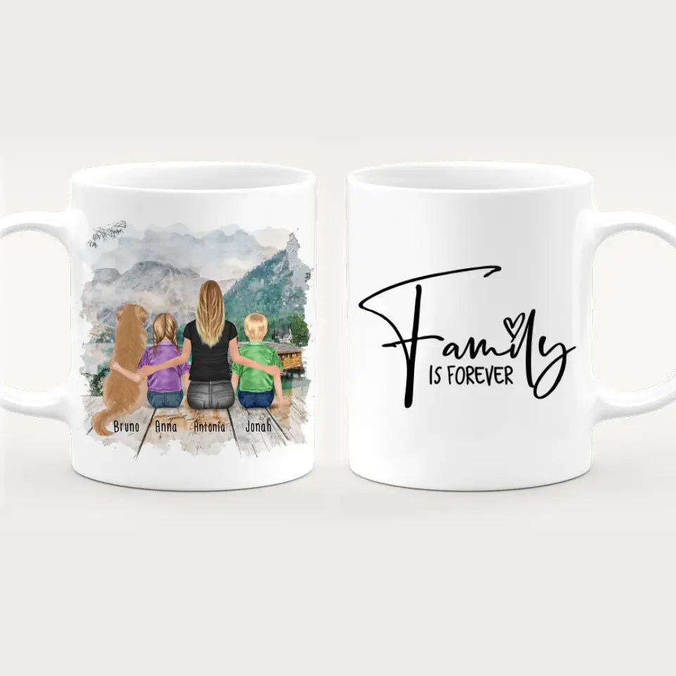 Personalisierte Tasse mit 1 Frau + 2 Kindern + 1 Hund